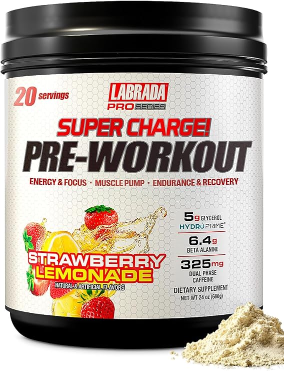 Labrada Pro Series Super Charge Pre-Workout Powder for Men & Women Strawberry Lemonade 8g L-Citrulline, 5g Creatine, 325mg Caffeine, PeakO2 & TeaCrine Energy, Pump & Endurance