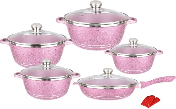 10 Piece Pots and Pans Sets, Nonstick Cookware Sets Cooking Pots and Pans with Glass Lids,Marble Coated Aluminium Home Kitchenware with Saucepans,Frying Pan,Stock Pot(Pink)