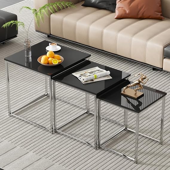 Rainbow Tree Set of 3 Nesting Coffee Tables Black for Living Room, High Gloss Nest of 3 Nested Tables Sofa Side Table Coffee Table End Tables Space Saving