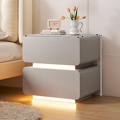 Modern Bedside Table, Smart Nightstand with LED Sensor Light, Soft PU Leather Wrapped Bedroom Solid Wood Side Table, Coffee Table Side Table with 2 Storage Drawers.,Gray