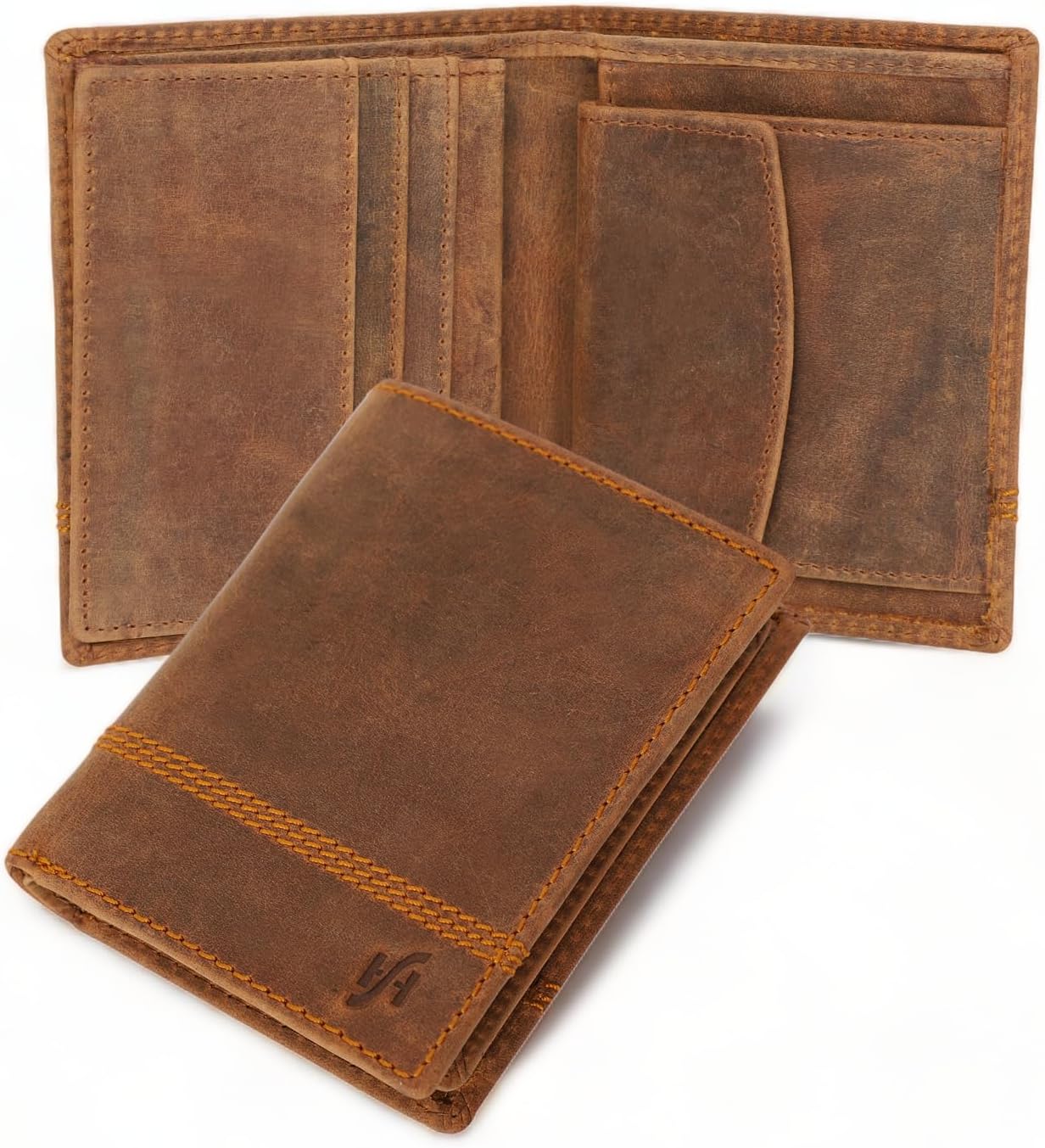 STARHIDE Designer Mens Leather Wallet RFID Safe Contactless Card Blocking ID Protection Card Case Wallets - Top Grain Cow Hunter Leather Gift Boxed Mens Purse #1195 Brown