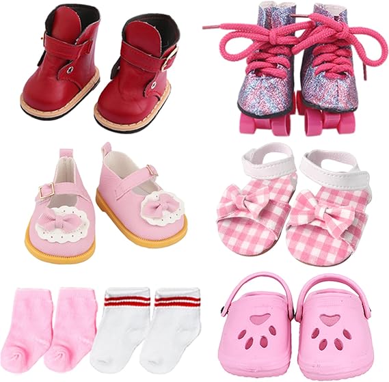18 inch Doll Shoes - 5 Pairs of Different Types (Boots/Roller Skates/Sandals/Clogs) + 2 Pairs of Pink/White Socks 18 in Doll Accessories 18Pink American Doll Accessories