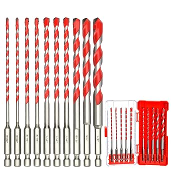 ANGELSWORD 10 PCS Concrete Drill Bit Set, Hex Shank, Masonry Drill Bit Set, 5/32"- 1/2", for Glass/Brick/Plastic/Cement/Wood/Tile/Marble