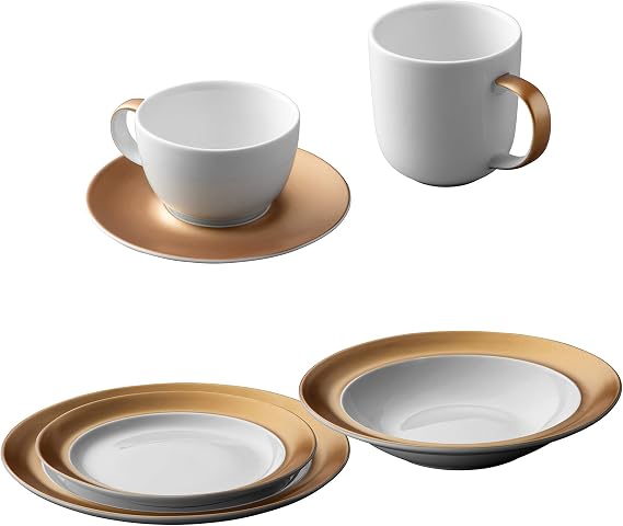 Berghoff GEM White & Gold Rim Porcelain Dinnerware Set, 6pc, Plates & Cups