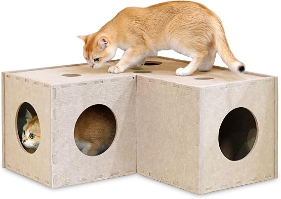 PETKARAY Cat Tunnel, Original Cat Hideaway Cave for Indoor Cats, Large Kitten Play Tubes and Tunnels, Soft Felt Cat Toy with Interactive Peek Hole, Beige L Shape