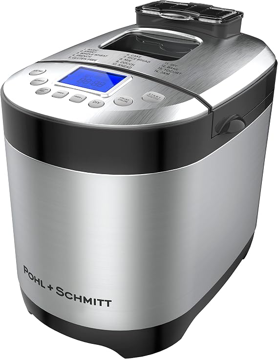 Pohl Schmitt Stainless Steel Bread Maker 2 Pound 17-in-1 Bread Maker with 14 Settings including Gluten Free & Fruits Nut Dispenser, Non-Stick Pans 3 Loaf Sizes, 3 Colors Thermal Recipes