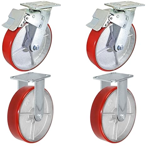 CasterHQ - 8" x 2" Total Lock Caster Set of 4-2 Total Locking Casters & 2 Rigid Casters with Red Polyurethane on Steel Wheel - 5,000 lbs Capacity Per Set of 4