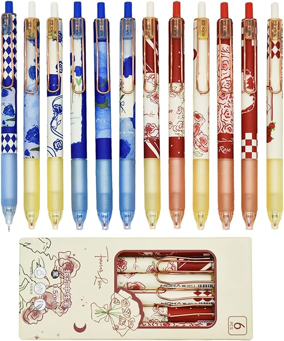Maydahui 12Pcs Blue Red Rose Flower Pens Retractable 0.5mm Black Ink