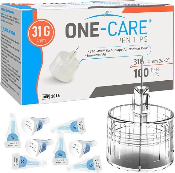 ONE-CARE Pen Tips 31G x 4 mm (5/32) Thin-Wall Channel Design, Universal Twist-On Connection, 100 Count Box