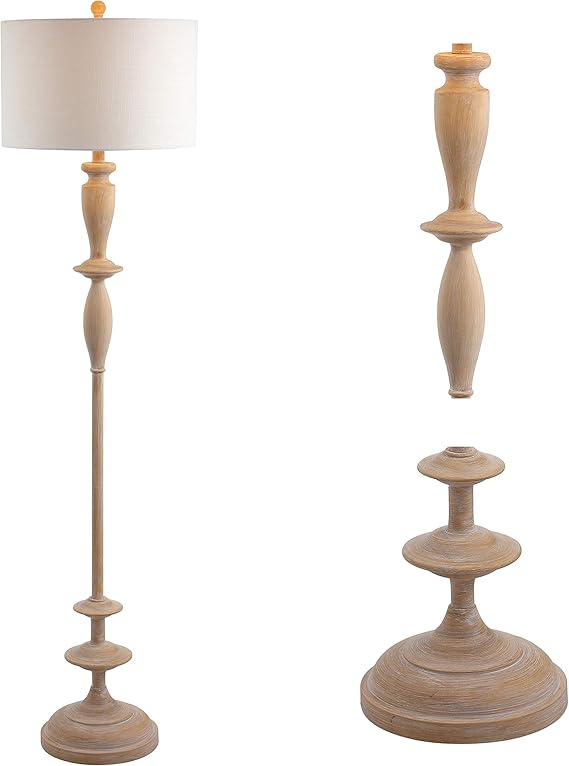 JONATHAN Y 63.5" Brown Wood Finish Resin Floor Lamp, Traditional Turned Spindle Standing Lamp for Living Room, White Linen Drum Shade, Foot Switch, UL Listed, LED Bulb Included JYL3061A