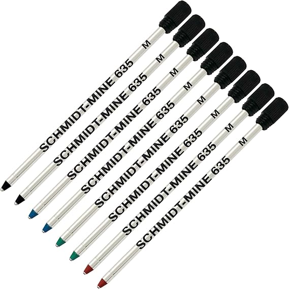 Schmidt 635 D1 Mine Ballpoint Refill - Blue, Black, Green, Red Ink - Medium Tip 0.7mm - Pack of 8 (with Plastic End Cap)