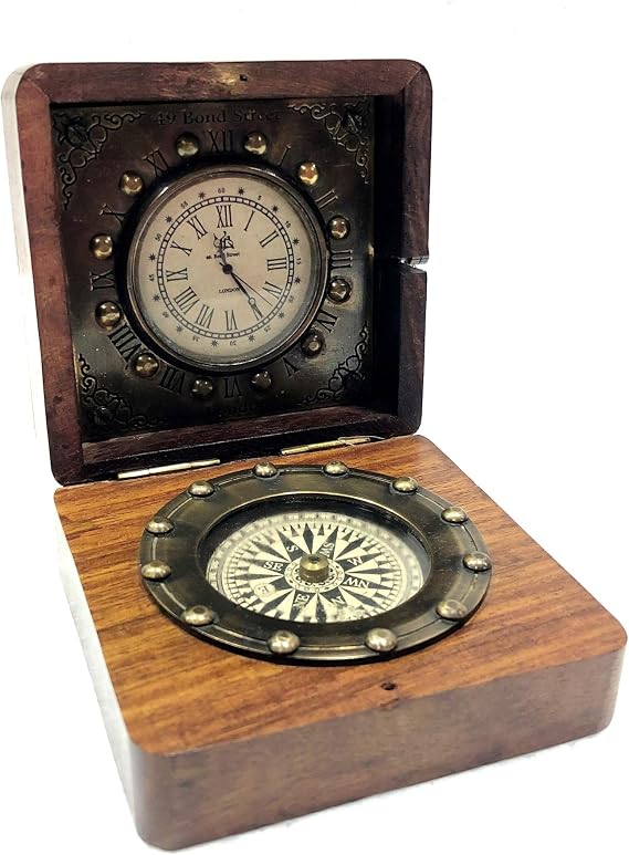 Antique Pocket Beautiful Compass Analog Clock 3.5" Brass Navigation Pocket Solid Brass Compass