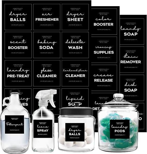 Minimalist Laundry Room Labels Set, v2croft 36 Black Matte Stickers on Clear Canisters, Home Organization Stickers for Cabinet & Drawer, Laundry Room, linens & Cleaning Supplies(Water Resistant) ...