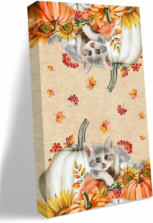 NuYeBiofx Thanksgiving Pumpkin Sunflower Berry Cat Canvas Wall Art Prints,40"x20" Framed Picture Artwork Retro Linen Printed Canvas Oil Painting for Living Room Bedroom Office,Ready to Hang