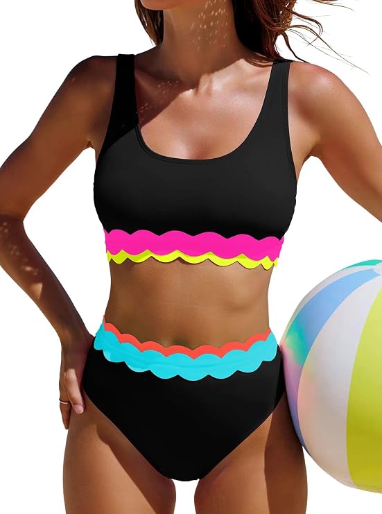 popvil High Waisted Bikini Sets for Women Two Piece Swimsuit Neon Scalloped Trim Bathing Suit for Beach Vacation 2026