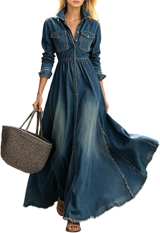 utcoco Women's Denim Maxi Shirt Dress Frayed Hem Flowy A-Line Jean Dress