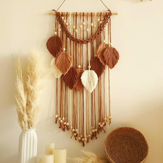 Brown Macrame Leaves Wall Hanging Tapestry, Fall Boho Wall Decor