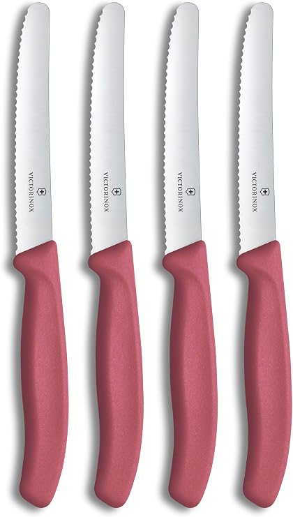 Victorinox Swiss Classic Tomato-Bread Knife Set, 4-Pieces, Sharp Blade, Serrated Edge, 4.3 Inch, Stainless Steel, Red