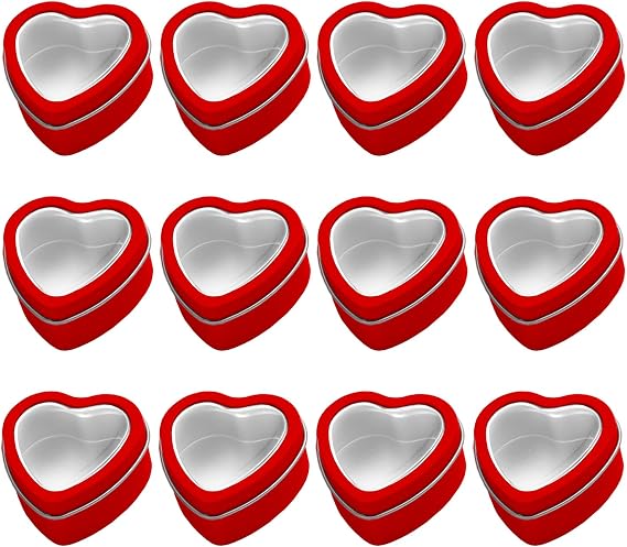 12Pack Metal Tin Cans with Clear Lids, 2oz Heart Shaped Empty Candle Tins Candy Storage Box Container for Gifts Treasures Candle Making DIY Craft Wedding Party Favors