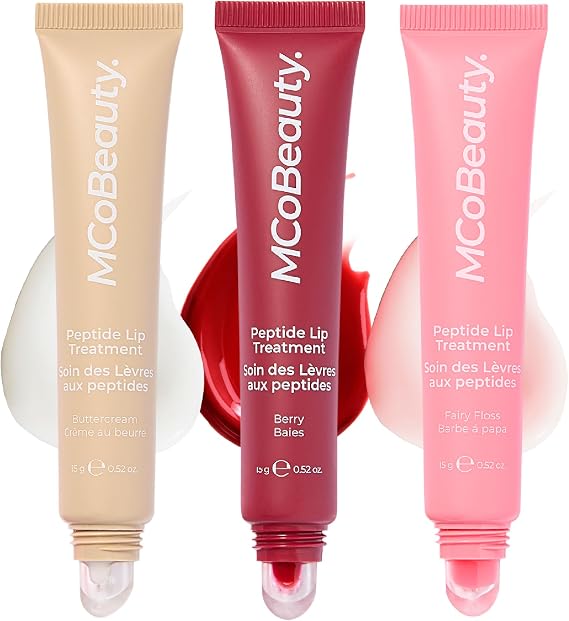 MCoBeauty - Peptide Treatment Full Bundle of 3 - High Gloss Lip Plumpers with Peptides and Shea Butter - Berry, Buttercream & Fairy Floss Shades - Moisturises and Smooths - Softens Dry Lips