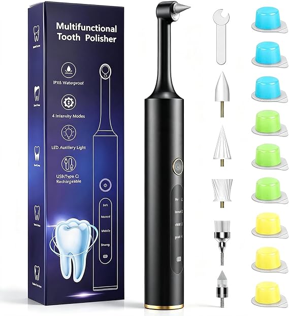 Tooth Polisher Rechargeable Teeth Polisher 4 Speed Modes,IPX6 & LED Light | 5 Brush Heads 9 Polish Pastes Teeth Cleaning Kit for Home,Travel Polishing & Whitening of Tooth,Removes Coffee,Tea Stains