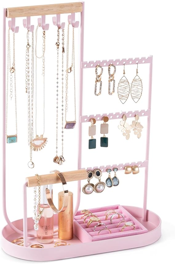 ProCase Jewelry Organizer Tower, 10 Hooks Jewelry Storage Rack Tree Holder Stand with Velvet Ring Display Tray for Necklaces Bracelets Earrings Rings Watches -Pink
