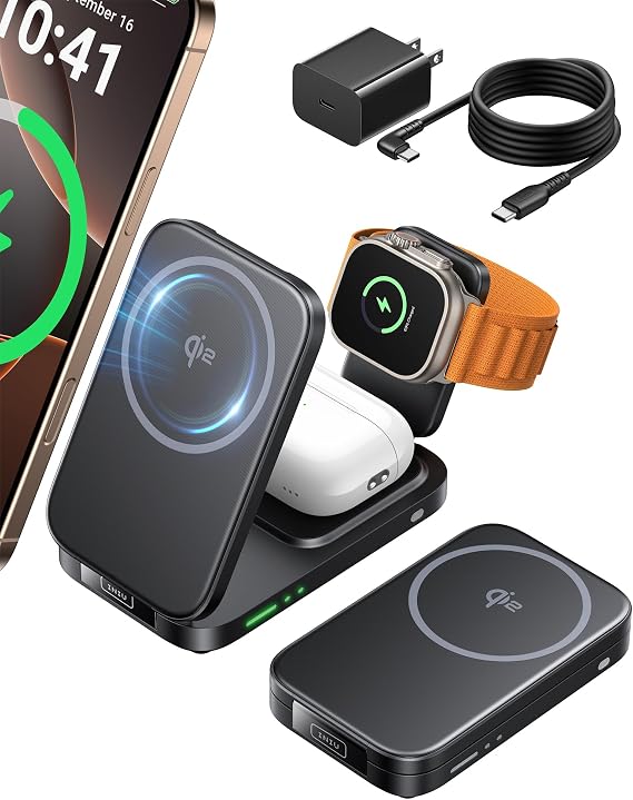 INIU 3 in 1 Foldable Wireless Charging Station, 15W Fast Mag-Safe Charger