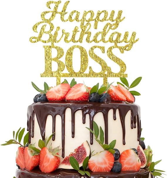 Happy Birthday BOSS Gold Glitter Cake Topper Funny for Boss Birthday Party Decoration.