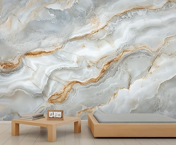 Marble Wall Mural, Gray-White Gradient Mural, Gray-Gold Wallpaper, Flowing Ripples Wall Murals for Living Room Bedroom TV Background Dining Room (Non-self-Adhesive)