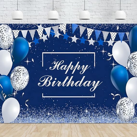 7X5FT Glitter Birthday Backdrop Sign Happy Birthday Party Backdrop Cake Table Decor Silver and Navy Blue Photography Men Boy Birthday Decorations Background Photo Booth Props Polyester