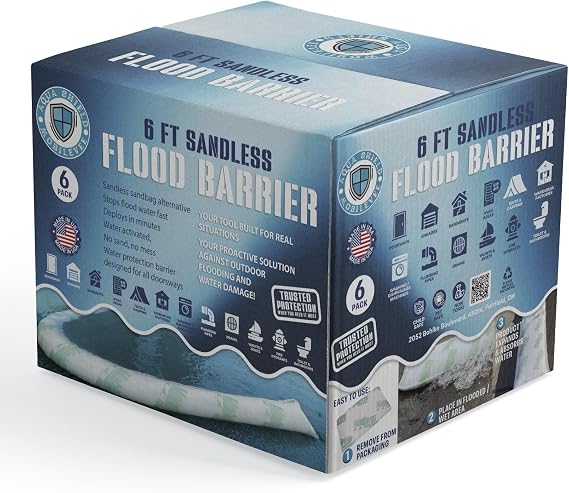 AquaShield Powered by Mobilevee - 6 Ft. Water Activated Flood Barrier and Diverter for Homes and Garages | Reusable Sandless Flood Bags | Water Dam Protection | Flood Prevention Barrier| (6-Pack)
