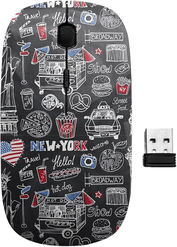 2.4GHz USB Wireless Mouse, New York Doodle Fast Food Pattern, Ergonomic Slim Computer Mice for Kids