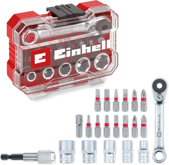 Orijinal Einhell XS-CASE Bit ve Soket Seti – 21 Parça (25 mm Bitler, Lokmalar, Hızlı Değişim Bit Tutucu, Adaptör, Yön Değiştirmeli Cırcır, Saklama Kutusu Dahil) | 25 mm uçlar | lokma anahtar | hızlı değiştirme ucu tutucu | adaptör | cırcır kolu