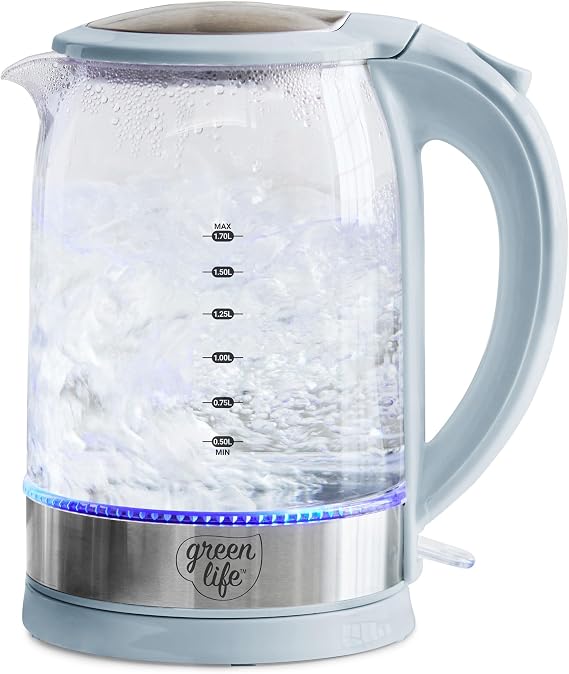 GreenLife 1.7 Liter Electric Glass Kettle, Blue Haze