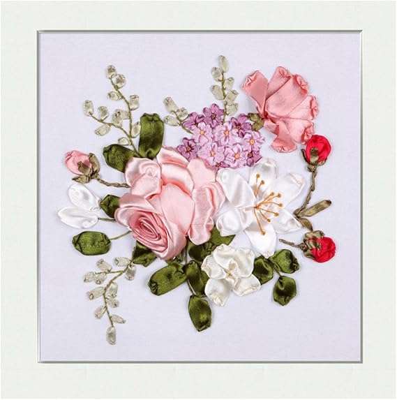 Egoshop Ribbon Embroidery Spring Flower Blooming Kit 3D Painting DIY Wall Decor Stamp Needle Work with Hoop (No Frame) X5002A