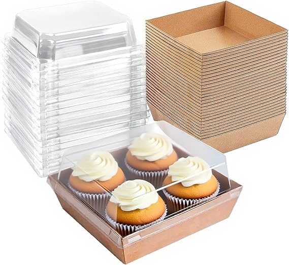 50 Pack 12cm Paper Cake Slice Boxes with Clear Lids, Square Food Containers for Charcuterie, Desserts & Bakery (Brown)