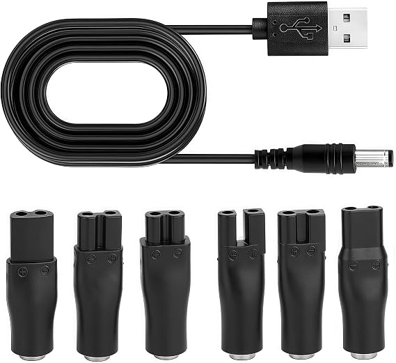 7Pcs Universal Shaver Charger Kit – USB Power Cable with 6 Adapter Heads, 5V Replacement Cord for Electric Shavers, Beard Trimmers, Hair Clippers, Beauty Devices, Travel or Home Use