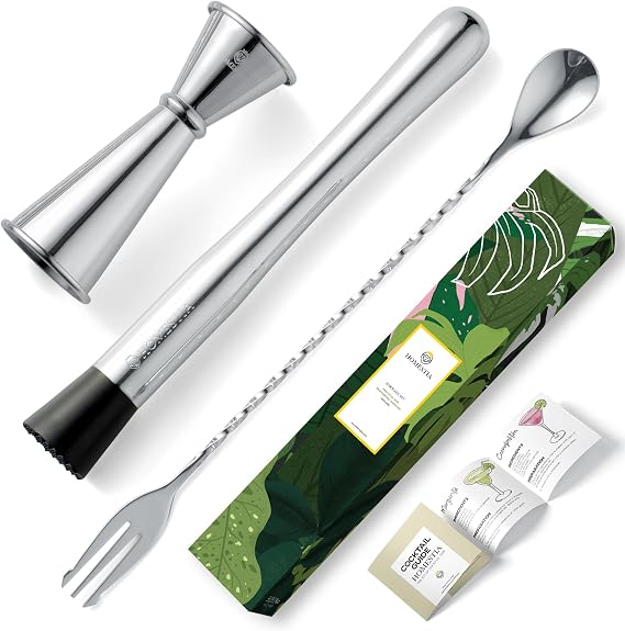 Homestia 3 Pcs Muddler for Cocktails Set, 12'' Mixing Spoon & Double Jigger