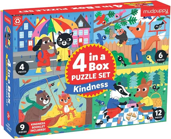 Mudpuppy - Kindness 4-in-a-Box Puzzles (4, 6, 9, 12 Pieces) for Kids