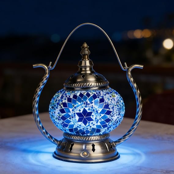 Turkish Mosaic Table Lamp - Stained Glass Lamp with Handle Tiffany Style | Handmade Moroccan Lantern, USB Power, Bronze Base, Hangable Bohemian Bedside Night Light for Bedroom Living Room Decor, Blue