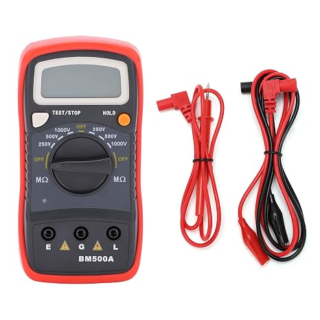BM500A Digital Insulation Resistance Tester Megohmmeter 250V 500V 1000V with LCD Display 0.001-1999M Range ABS Material Test Clips Stand