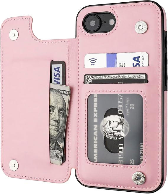 ONETOP Compatible with iPhone 17e/16e Wallet Case with Card Holder, PU Leather Kickstand Card Slots Case, Double Magnetic Clasp and Durable Shockproof Cover 6.1 Inch (Pink)