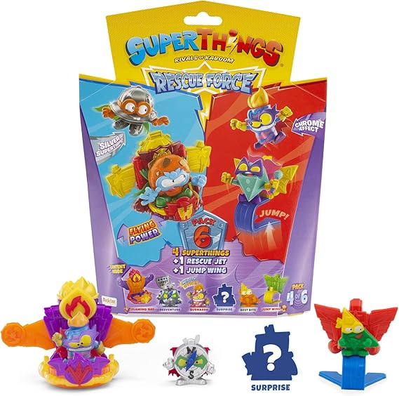 SUPERTHINGS Rescue Force Series 6-Pack. Includes 4 SuperThings (1 rare silver captain), 1 Rescue Jet and 1 Jump Wing 4/6