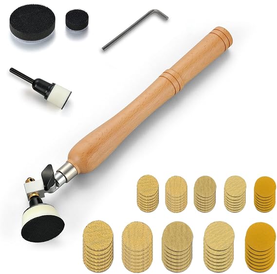 Bowl Sander Kit, Sanding Block, Wood Lathe Tools with 50Pcs Hook & Loop Sanding Discs+ 1" & 2" Backing Plates and Foam Interface Pads, 13" Long Hardwood Handle and Dual Bearing Head for Woodworking