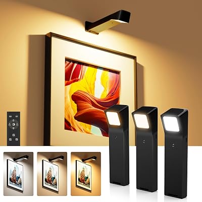 3 Pack Picture Lights for Wall with RGB Colors, Battery Powered Art Painting Lights with Remote, Cordless Picture Light for Posters, Rechargeable Wall Sconces