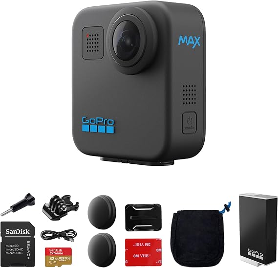 GoPro MAX 360 Action Camera with 5.6K30 Video Recording, Max HyperSmooth Stabilization & PowerPano with Extra Enduro Rechargeable Li-Ion Battery & 32GB Extreme UHS-I microSDHC Memory Card Bundle Kit