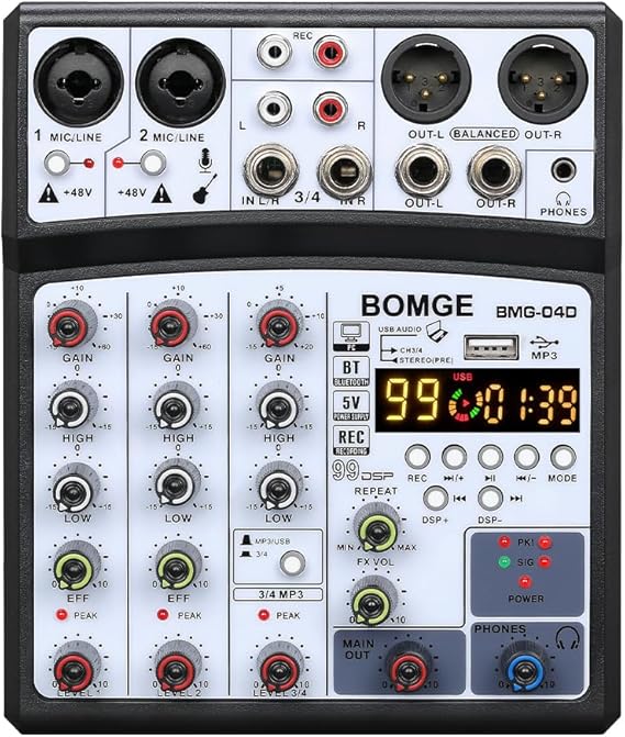 BOMGE 4-Channel 99 DSP Echo DJ Audio Sound Mixer Interface Mixing Console Karaoke MP3 USB Bluetooth, Stereo Record, 48V Phantom Power, 5V Power Supply black