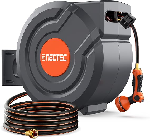 5/8 Inch 90FT Retractable Garden Hose Reel, Automatic Slow Return & Any Length Lock, Wall Mounted Heavy Duty Hose Reels for Outside with 9 Spray Nozzle, 180 Swivel UV Resistant