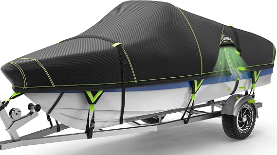 UIRWAY 1200D Heavy Duty Waterproof V-Hull Boat Cover Black, 16-18.5ft Trailerable with Night Safety Reflective Strips, UV Resistant Marine Grade for Bass Boat, Runabout, Tri-Hull, Fish & Ski, Bowrider
