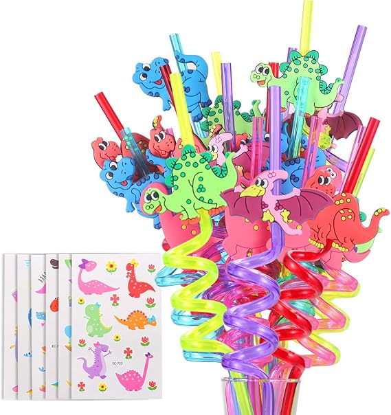 24 Reusable Dinosaur Drinking Plastic Straws + 6 Dinosaur Temporary Tattoos for Kids Girls Boys | Dinosaur Birthday Party Supplies Three Rex Party Favors Decorations with Cleaning Brush